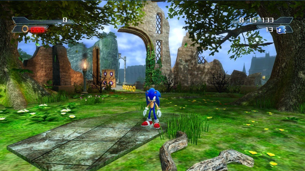 A screenshot from Sonic the Hedgehog (2006), showing Sonic in a forest.