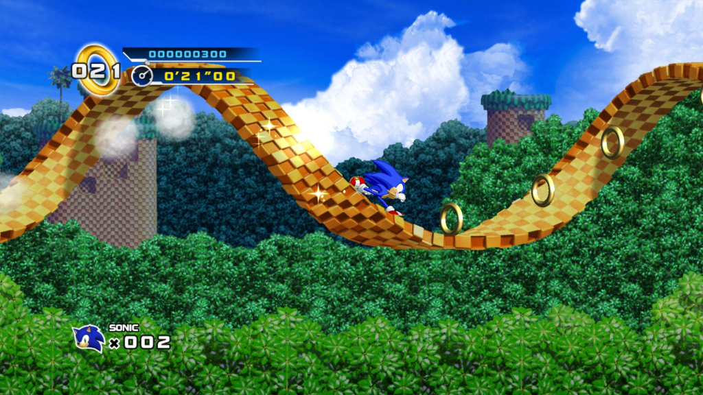 A screenshot from Sonic the Hedgehog 4: Episode I, showing Sonic running down a floating, twisting path.