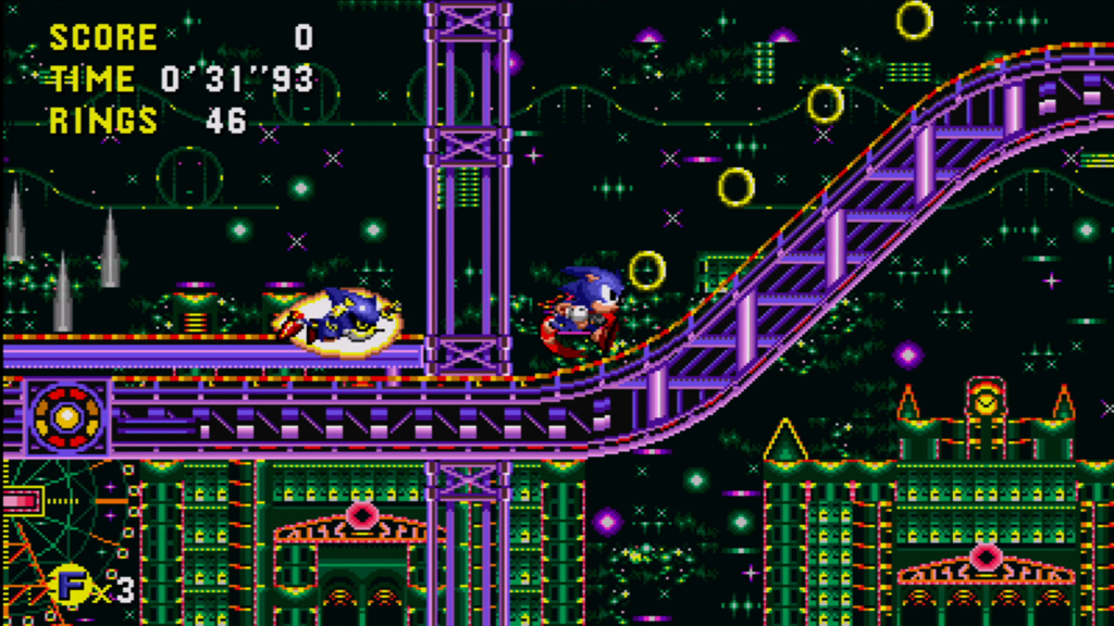 A screenshot from Sonic CD, showing Sonic running up a hill.