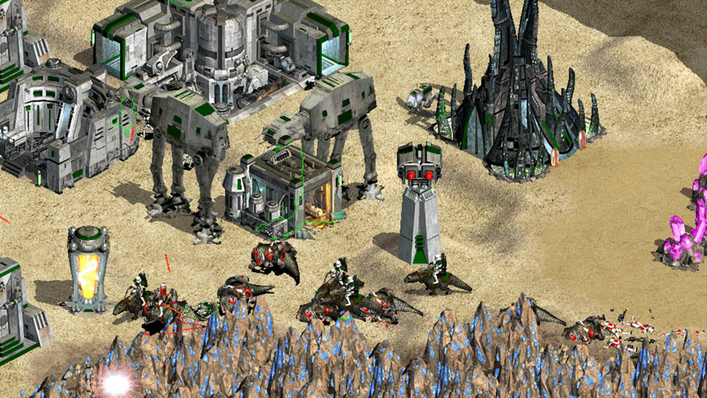 A screenshot from Star Wars: Galactic Battlegrounds, showing various vehicles walking around a base.