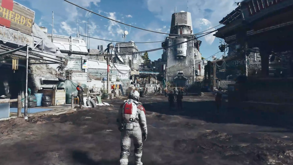 The player entering a town in Starfield.