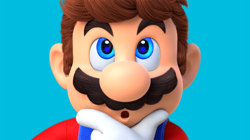 Mario rubbing his chin against a blue background.