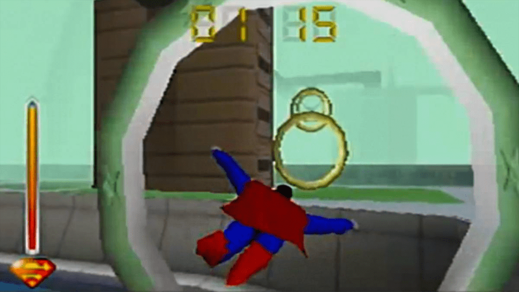 A screenshot from Superman 64 on the Nintendo 64, showing Superman flying through rings.