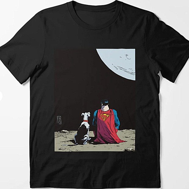 Black T-shirt featuring Krypto and Superman staring at the moon