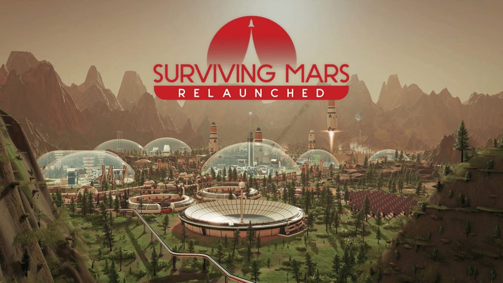 A screenshot of Surviving Mars Relaunched, showing domed buildings on Mars with the game's logo emblazoned above.