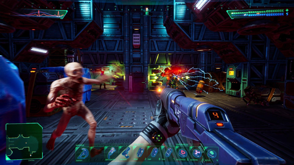 A screenshot from System Shock, showing a monster attacking the player.