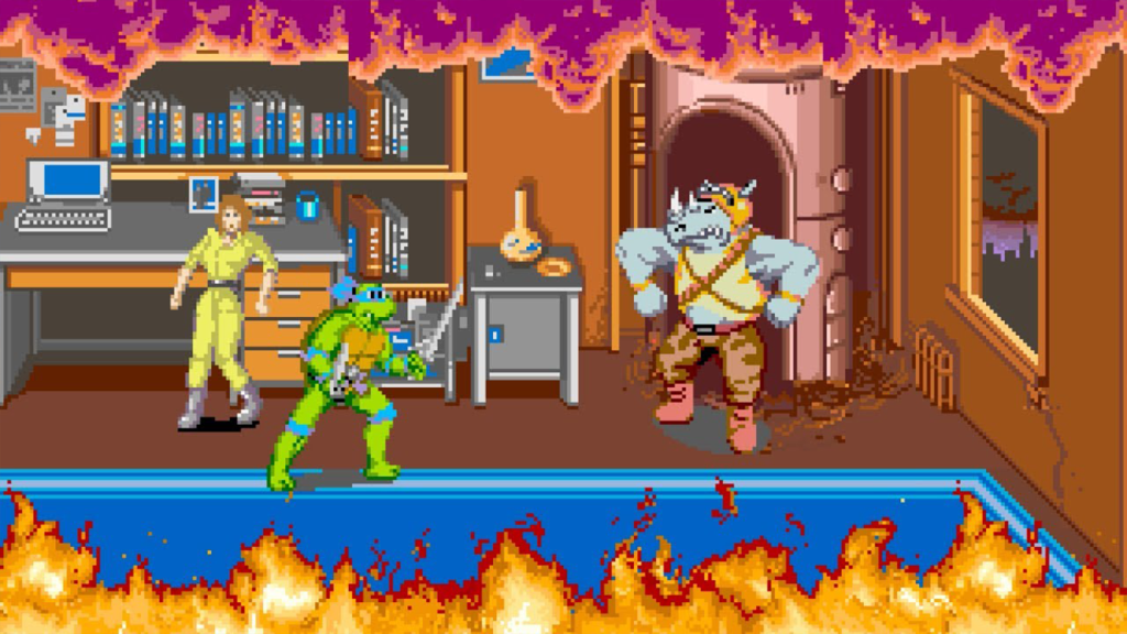 April, Leonardo, and Rocksteady in Teenage Mutant Ninja Turtles: The Arcade Game.