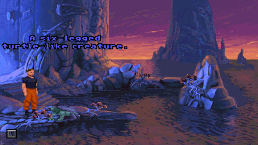 A screenshot from The Dig, showing a character looking upon a watery landscape.