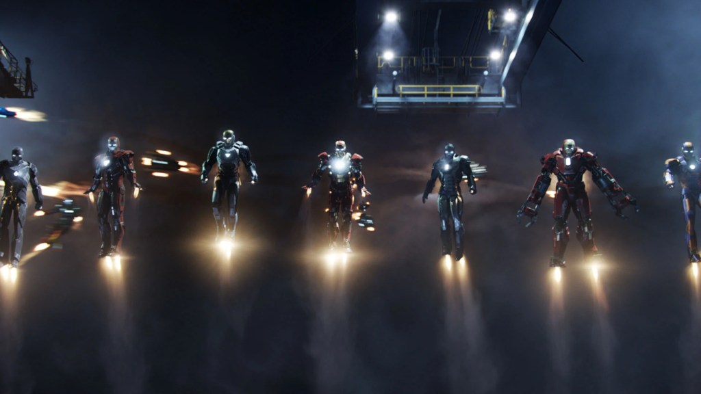 The Iron Legion arriving at the battle in Iron Man 3