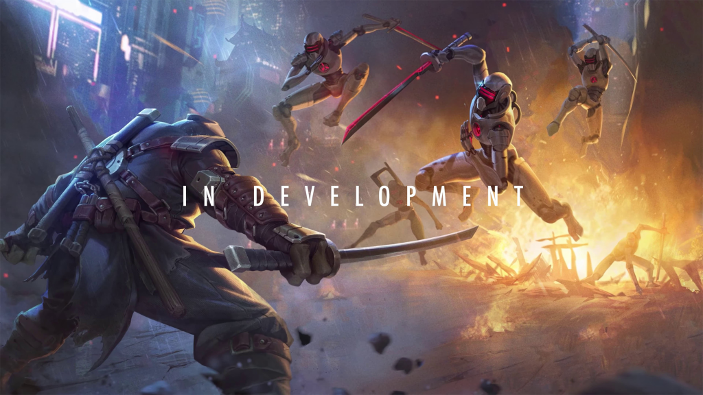 A screenshot from the teaser trailer for The Last Ronin, showing the title character fighting several robotic bad guys.