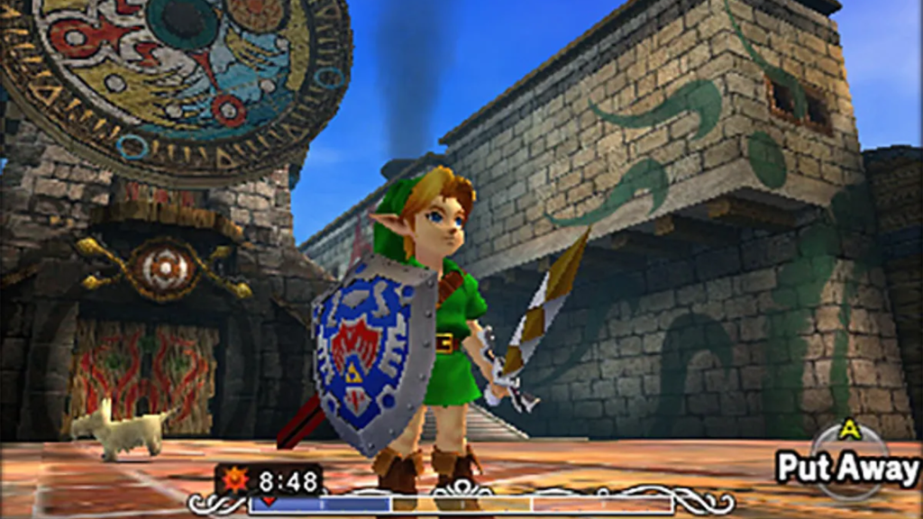 A screenshot from The Legend of Zelda: Majora's Mask, showing Link wielding his sword and shield outside of a castle.
