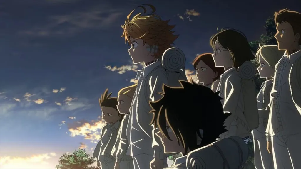 Emma and the other orphans looking into the distance in The Promised Neverland