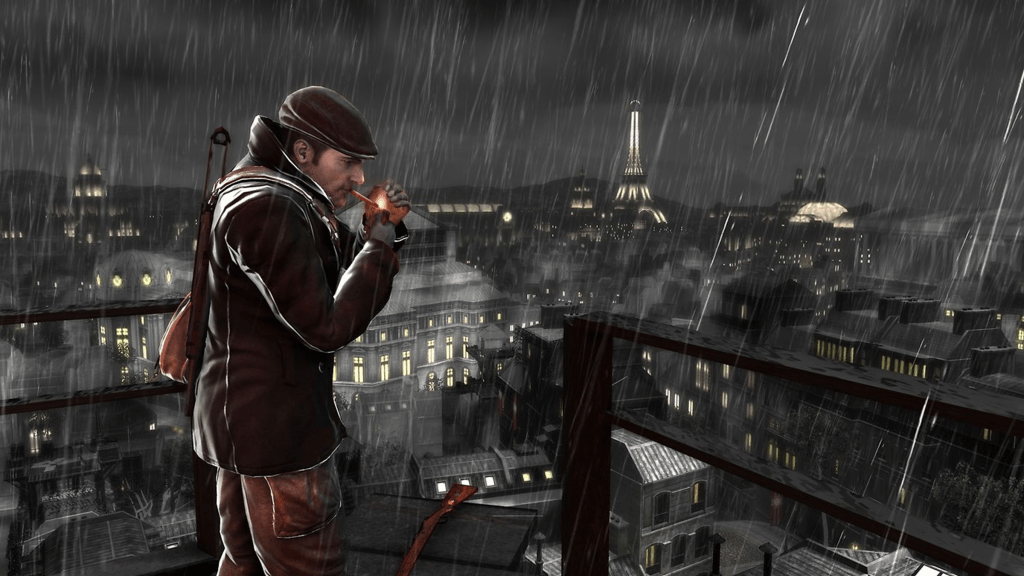 Sean Devlin smoking in The Saboteur atop a roof in the rain.