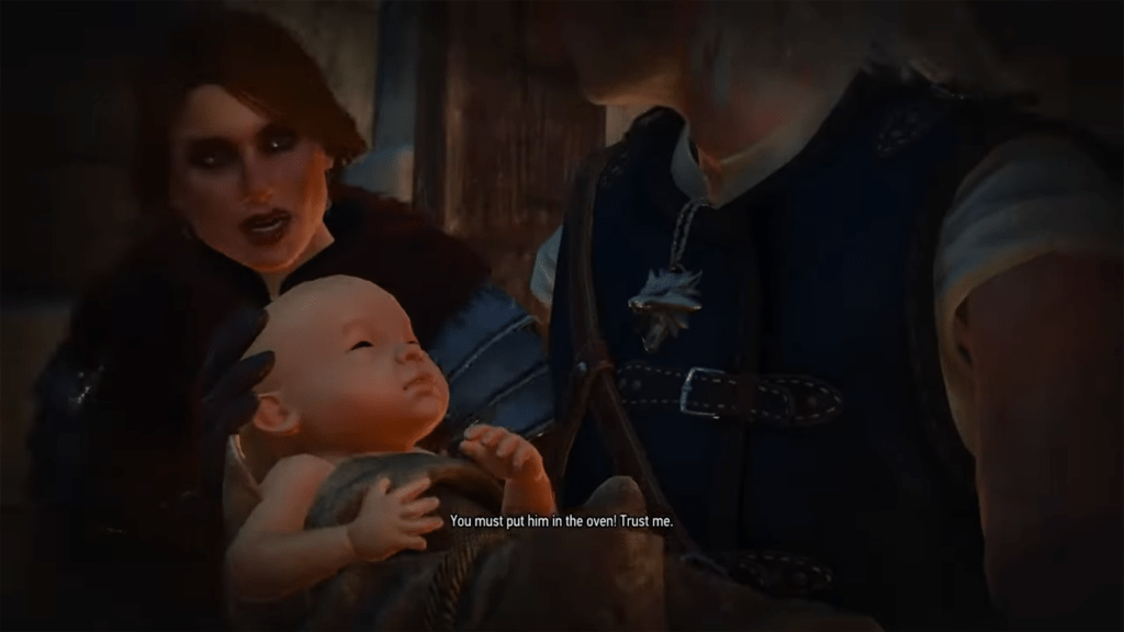A screenshot from The Witcher 3: Wild Hunt, showing Geralt holding a baby with Cery commanding him to trust her and place it into the oven.