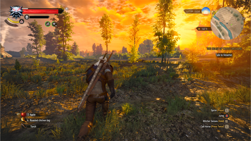 Geralt of Rivia moving through the world in The Witcher III: The Wild Hunt