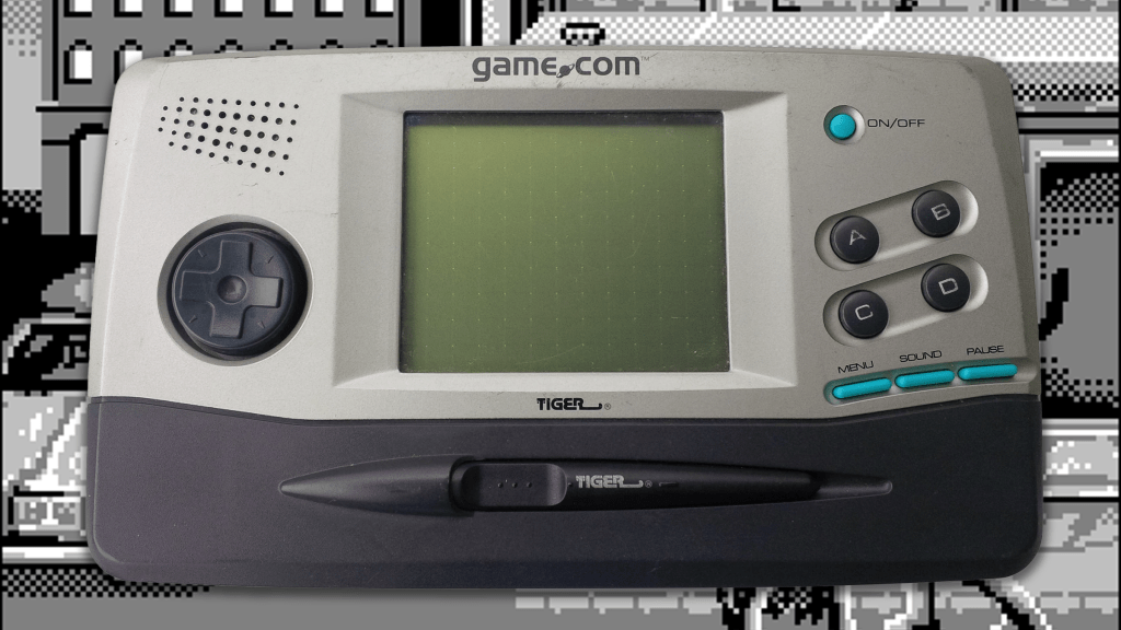 The Tiger Game.com over a screenshot of one of its games.