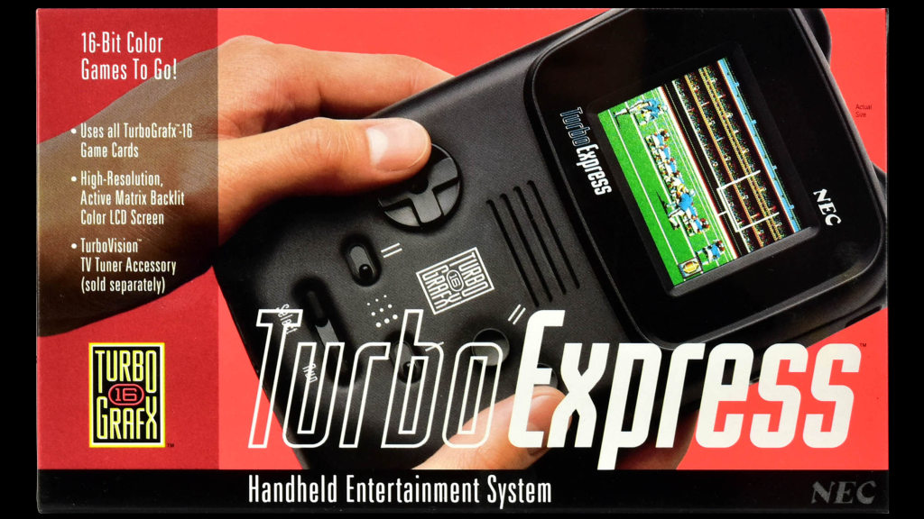 The NEC TurboExpress in an unopened box on a black plane.