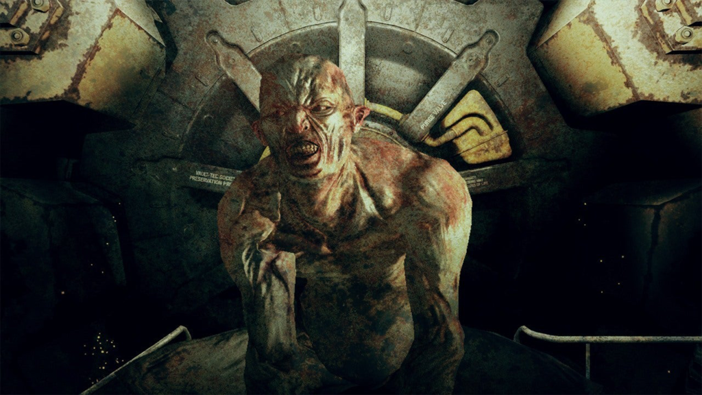 A screenshot from Fallout 3, showing Vault 108 and an insane survivor.
