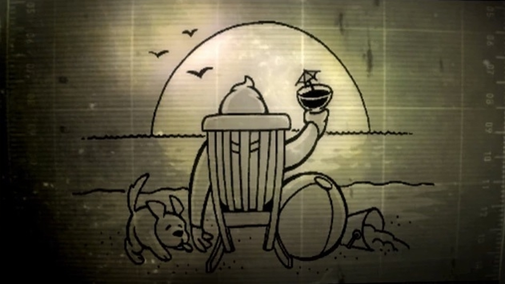 A screenshot from Fallout New Vegas, showing a screen of an Overseer relaxing on a beach at sunset.