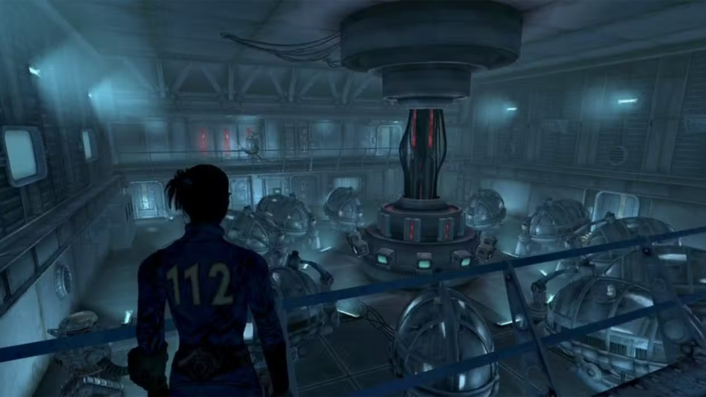 A screenshot from Fallout 3, showing the inside of Vault 112 as a dweller looks down on pods.