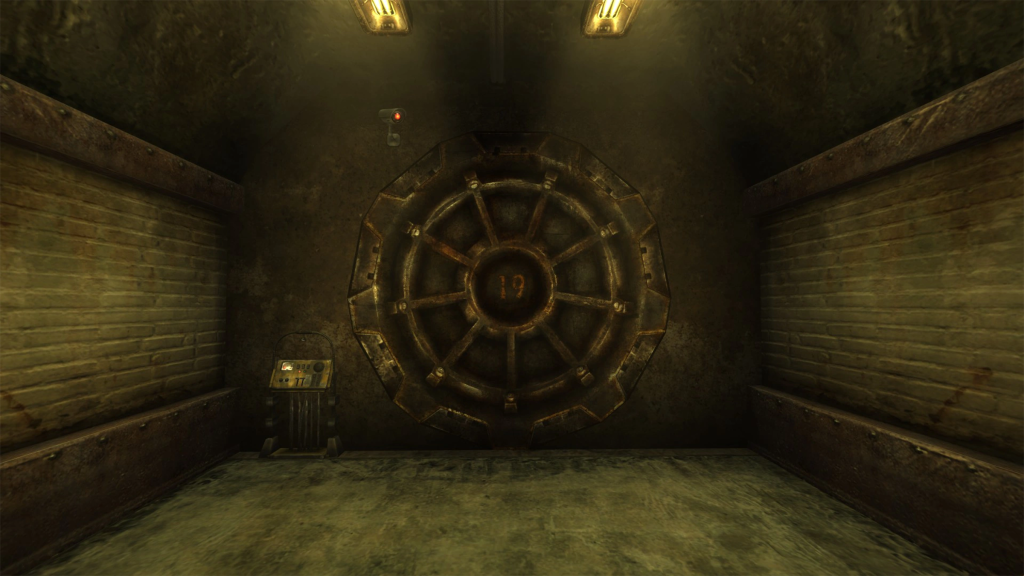 A screenshot from Fallout New Vegas, showing the Vault 19 door.