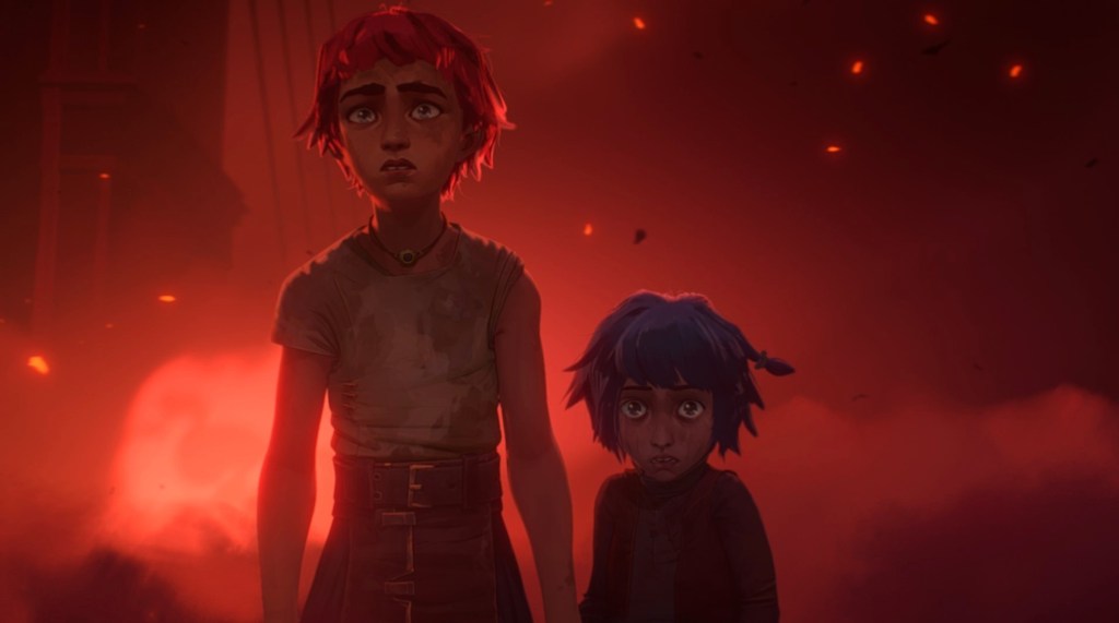 Young Vi and Jinx standing in red smoke and looking scared in Arcane