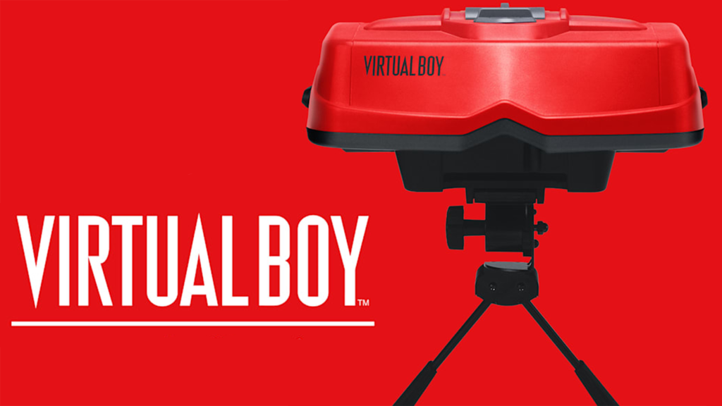 The Nintendo Virtual Boy on a red background.