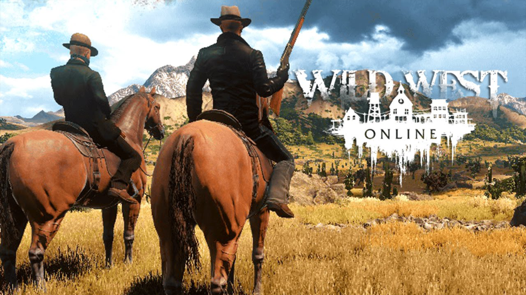 The intro screen of Wild West Online, showing the logo and two men on horseback.