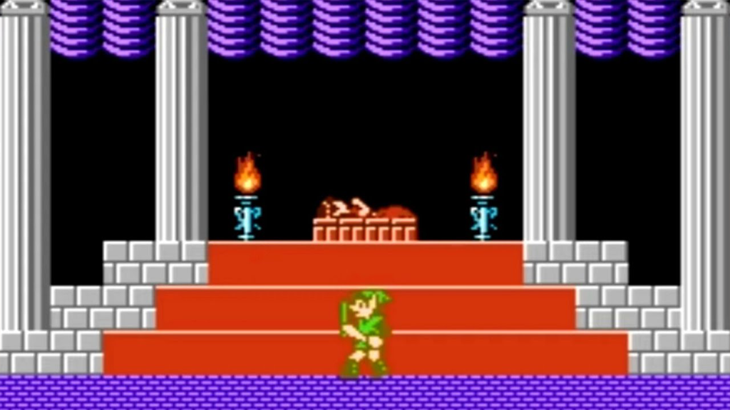 A screenshot from The Legend of Zelda: The Adventure of Link, showing Link in front of Zelda inside the castle.