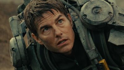 Tom Cruise looking shocked in Edge of Tomorrow.