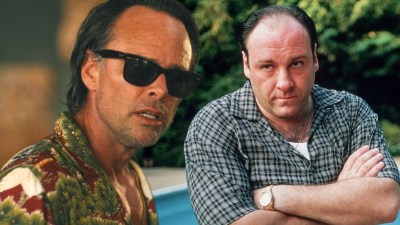 Split image of Walton Goggins in The White Lotus and James Gandolfini as Tony Soprano in The Sopranos