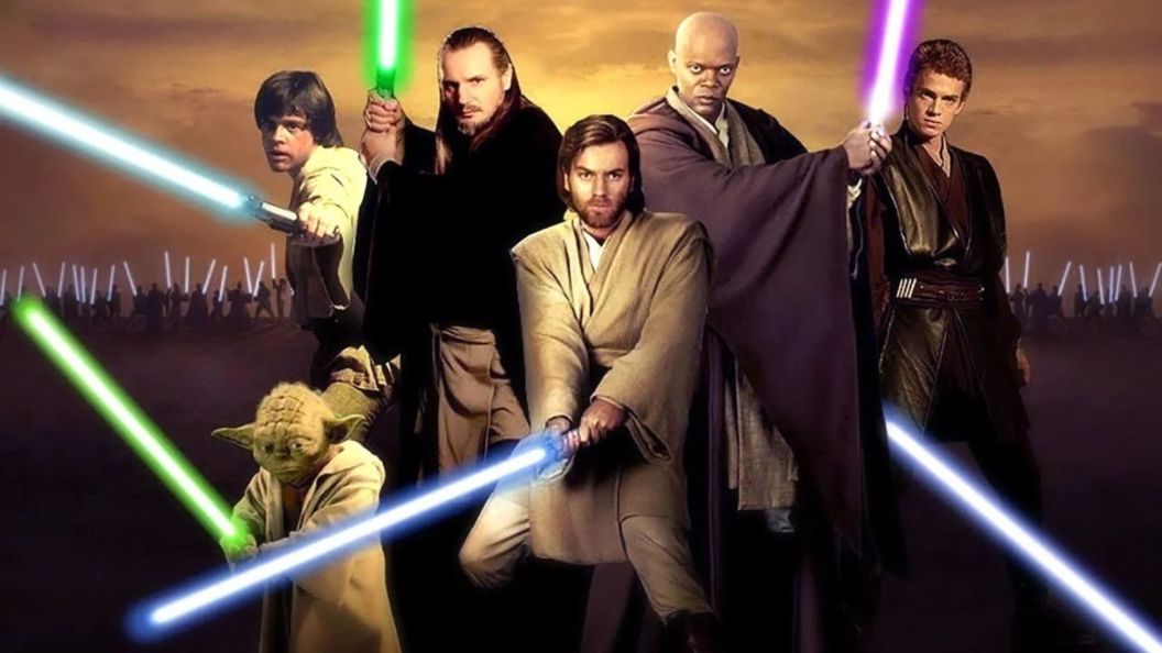 Characters using lightsabers in Star Wars.