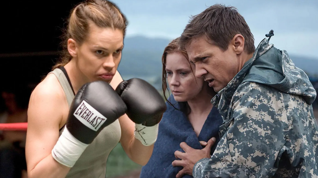 Split image of Hilary Swank in Million Dollar Baby and Amy Adams and Jeremy Renner in Arrival