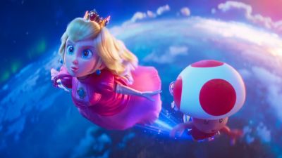 Toad and Princess Peach flying in the sky.