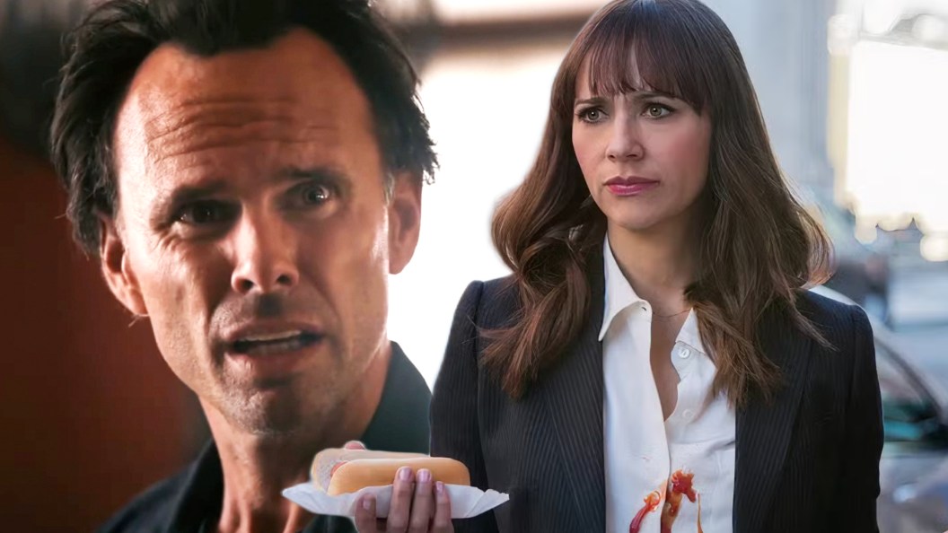 Split image of stills showing Walton Goggins in The Unicorn and Rashida Jones in Angie Tribeca