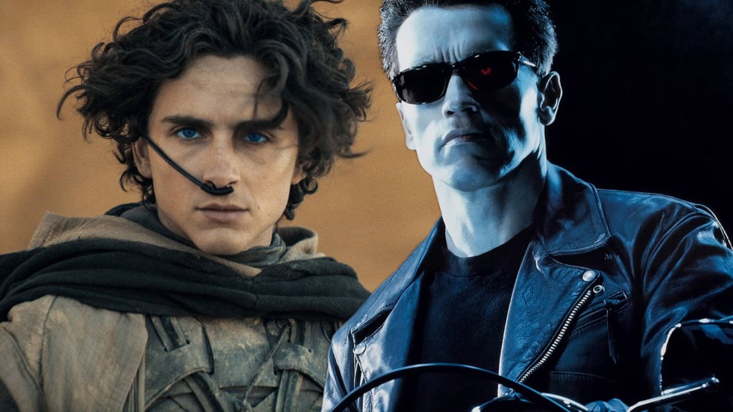 Split image of Timothee Chalamet in Dune Part 2 and Arnold Schwarzenegger in Terminator 2