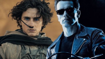 Split image of Timothee Chalamet in Dune Part 2 and Arnold Schwarzenegger in Terminator 2