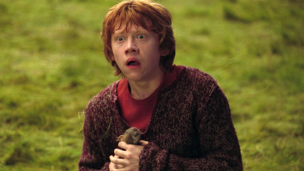 Rupert Grint as Ron Weasley in Harry Potter and the Prisoner of Azkaban holding Scabbers the rat