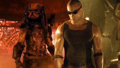 A split image of a predator in Predator 2 and Vin Diesel as Riddick in The Chronicles of Riddick
