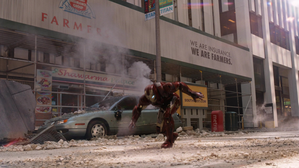 Iron Man crashing outside a Shawarma place in The Avengers (2012)