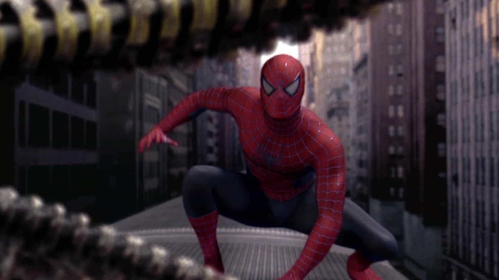 Spider-Man battling Doc Ock on a train in Spider-Man 2 (2004)