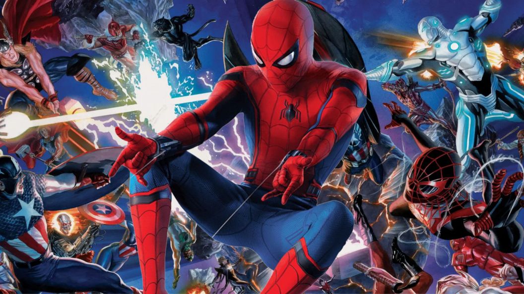 Spider-Man shooting his webs in front of Secret Wars art.