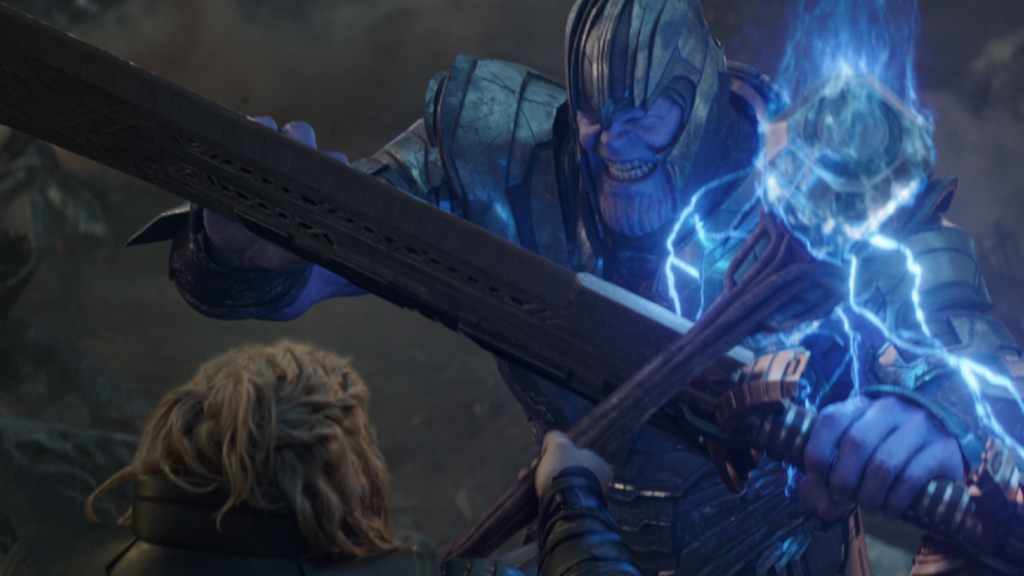 Thor attacking Thanos with Stormbreaker in Avengers: Endgame (2019)