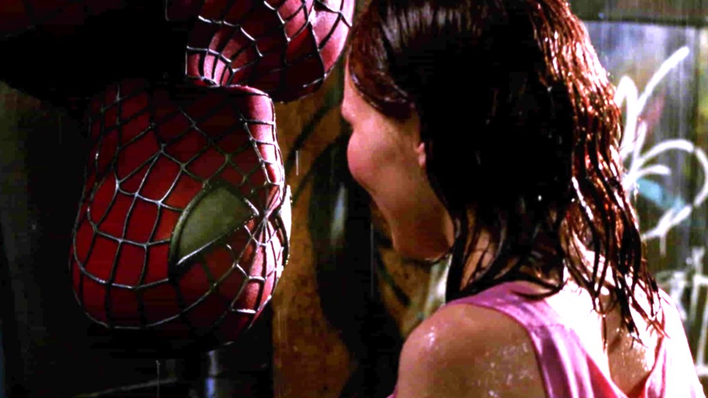 Spider-Man hanging upside down next to Mary Jane in Spider-Man (2002)