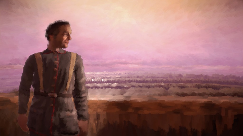 A screenshot from 11-11: Memories Retold, showing a man looking out over a field.