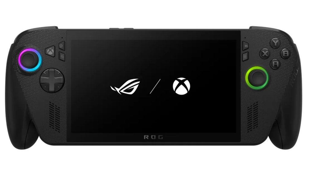 The Asus ROG Ally X, showing the logos for the system and the Xbox on its screen.