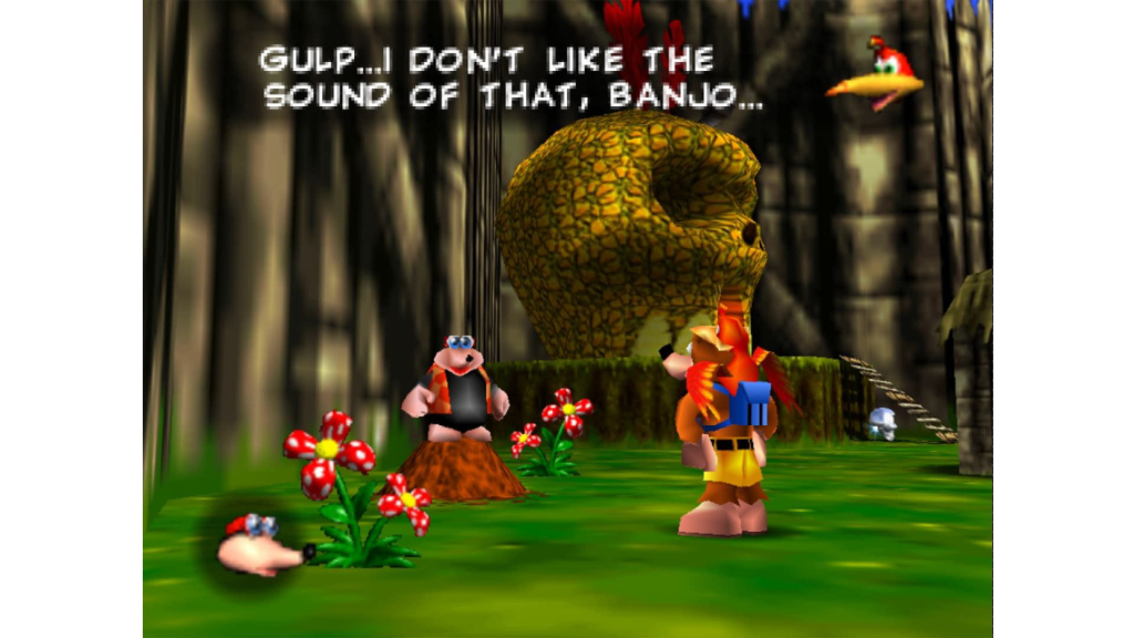 A screenshot from Banjo-Kazooie showing the titular characters talking to an NPC.