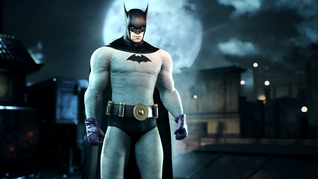 A screenshot from Batman: Arkham Knight, showing Batman wearing his classic costume from the 1930s comics.