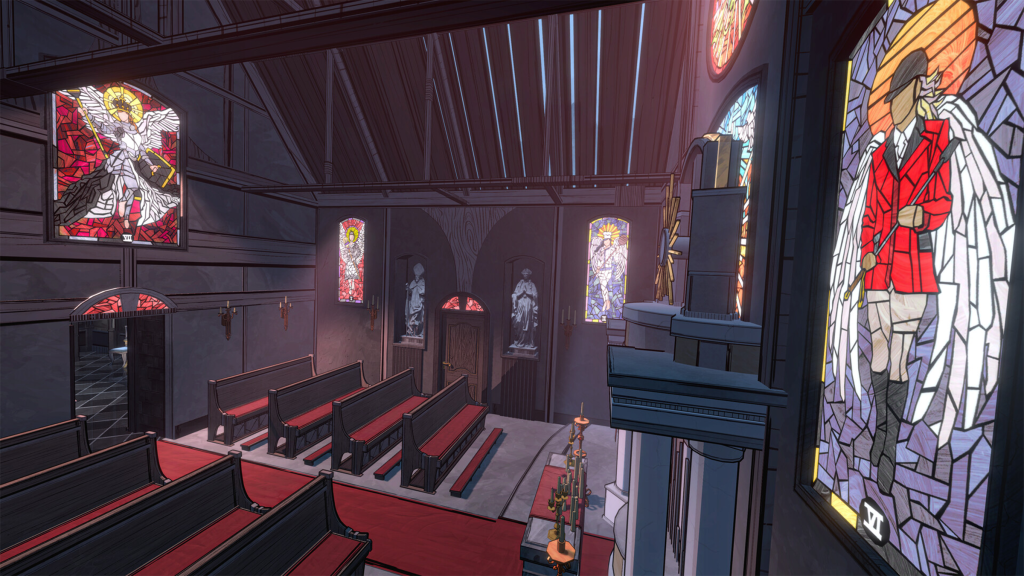 A screenshot from Blue Prince, showing a church room within the game.