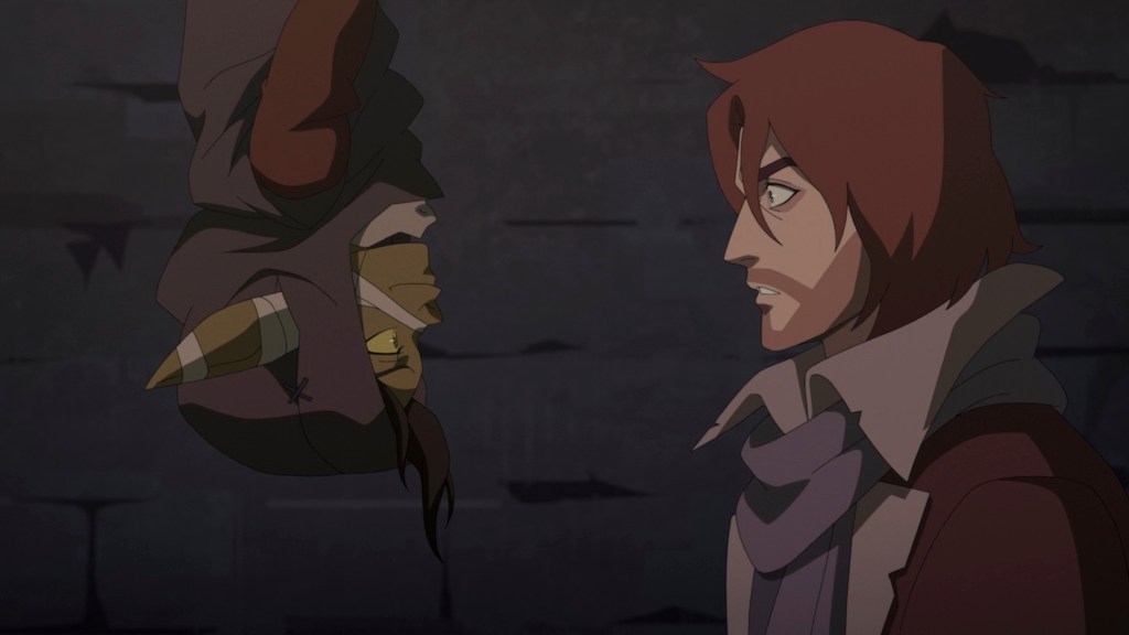 Caleb and Nott staring angrily at each other in The Mighty Nein premiere